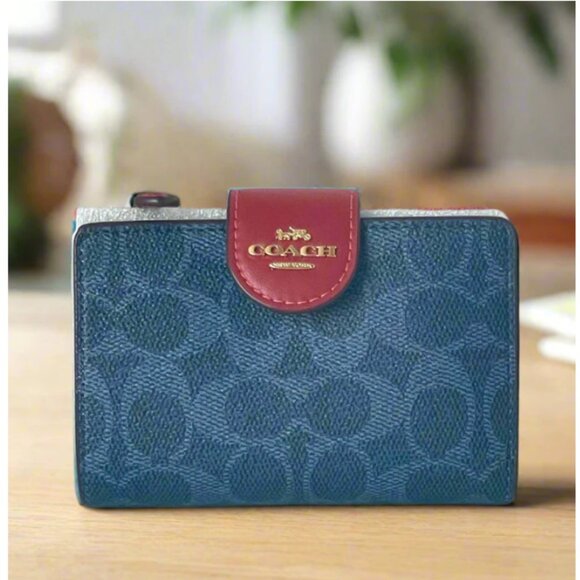 Coach Medium Corner Zip Wallet CW786 Denim Red Signature Canvas ID Compact - Picture 1 of 8